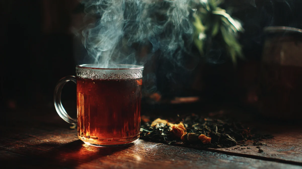 Steaming Herbal Tea in Glass Mug 1 steaming herbal tea in glass mug