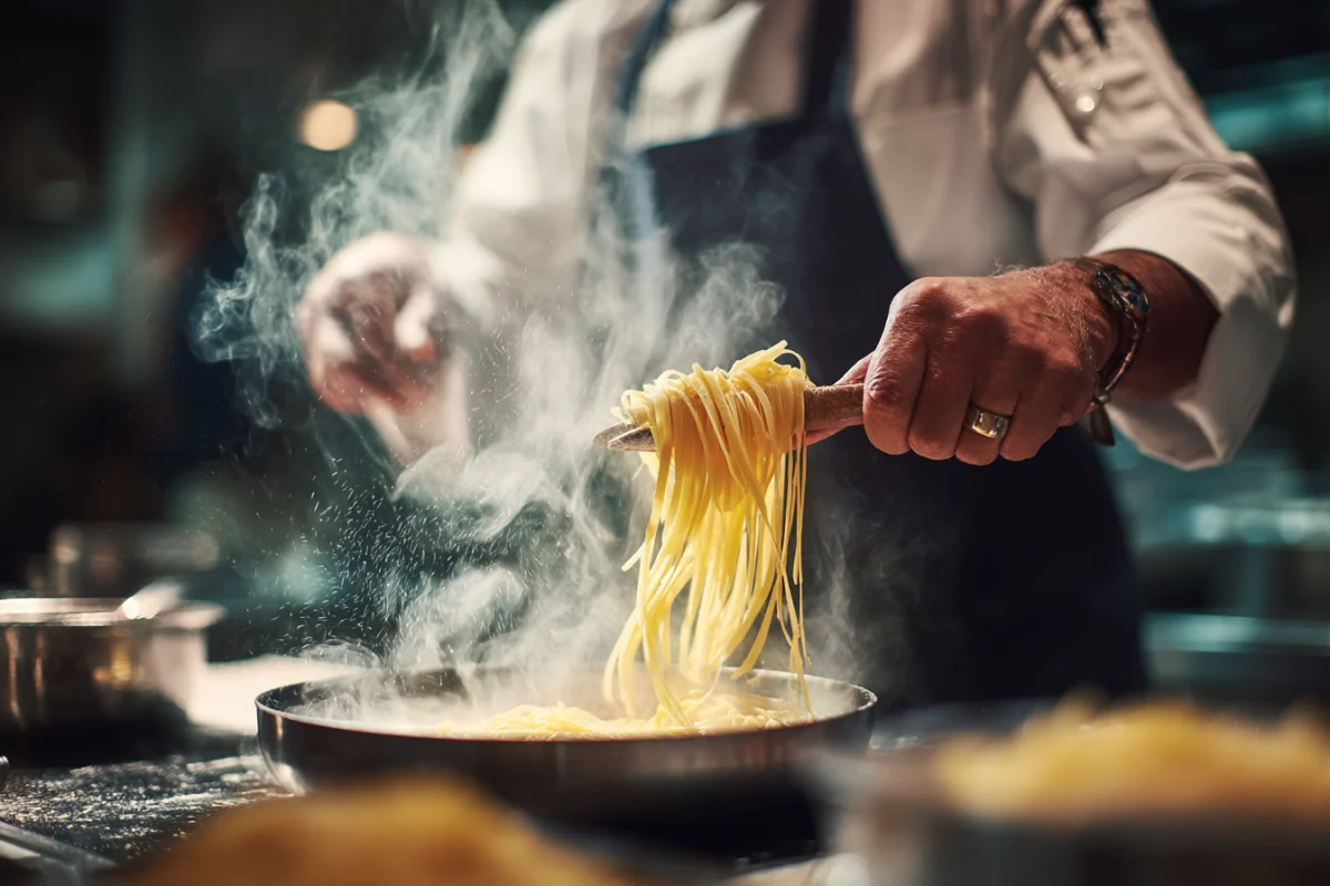 Steaming Pasta Twirled by Chef's Hands 1 steaming pasta twirled by chefs hands
