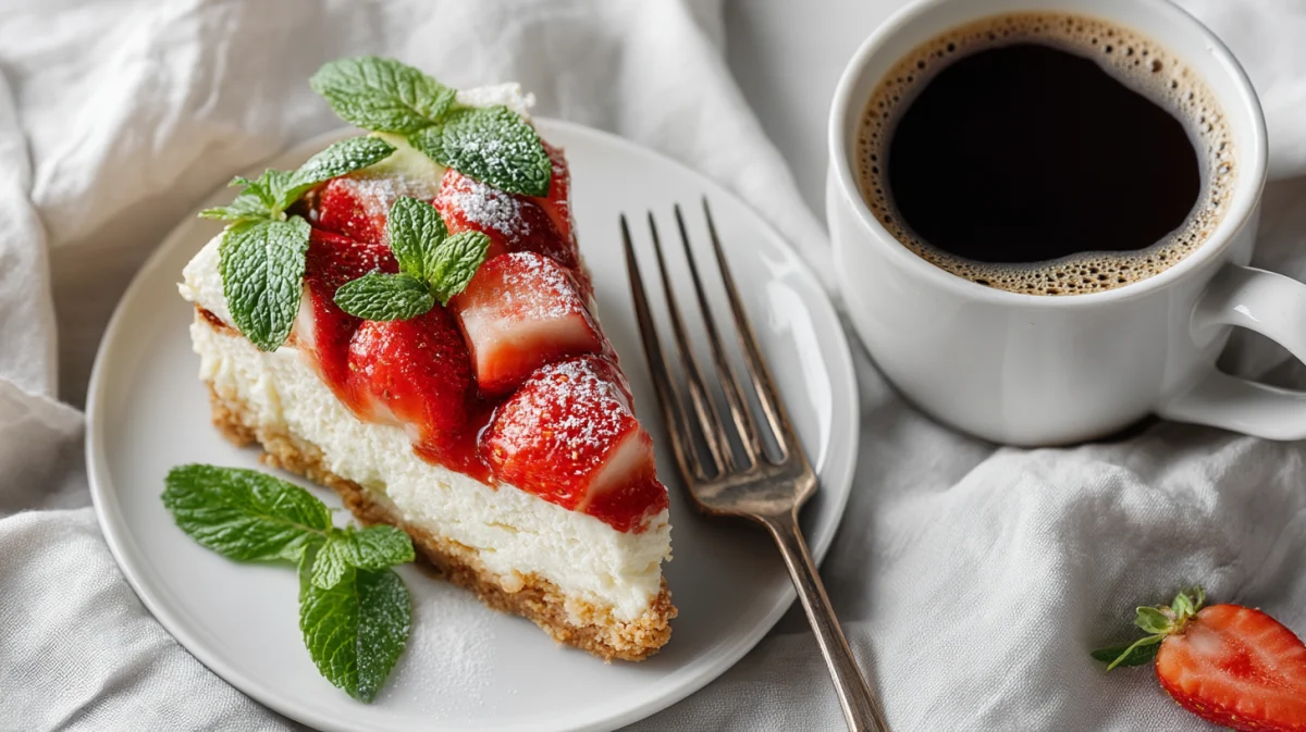 Strawberry Cheesecake Slice with Mint Garnish 1 strawberry cheesecake slice with mint garnish