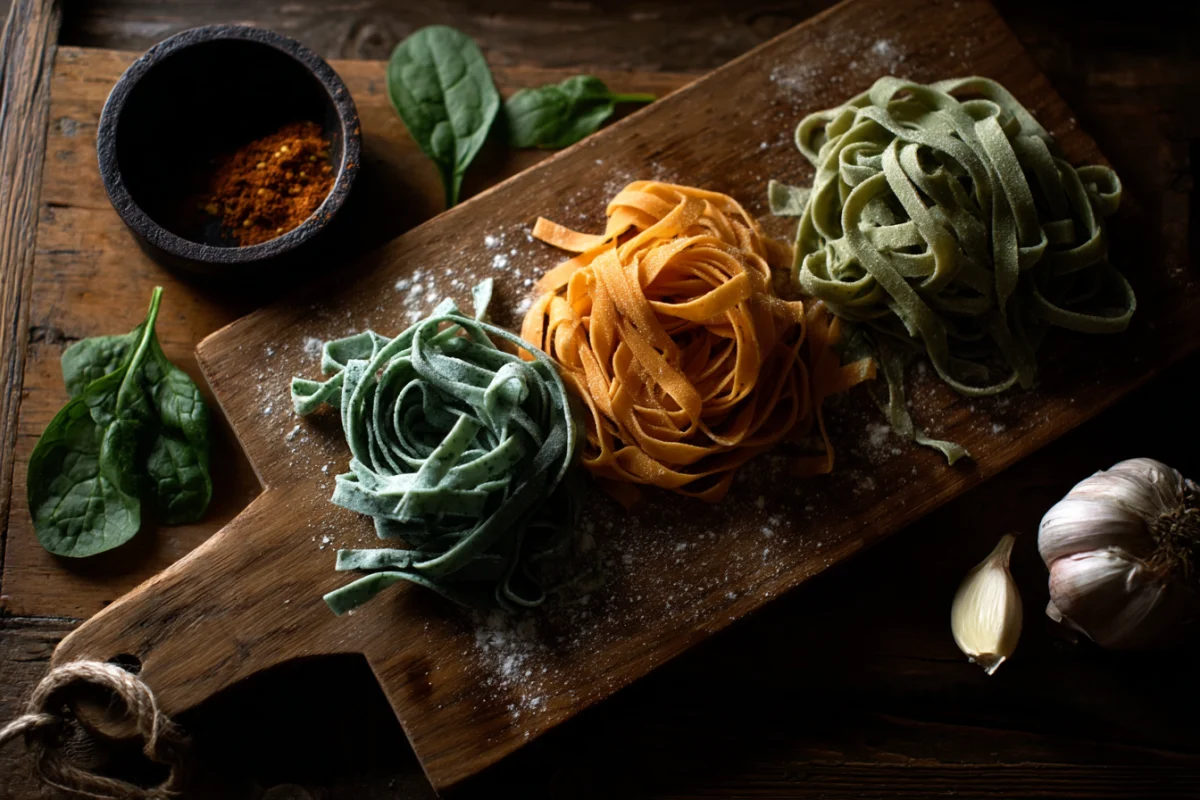 Three Colors of Fresh Pasta on Wooden Board 1 three colors of fresh pasta on wooden board