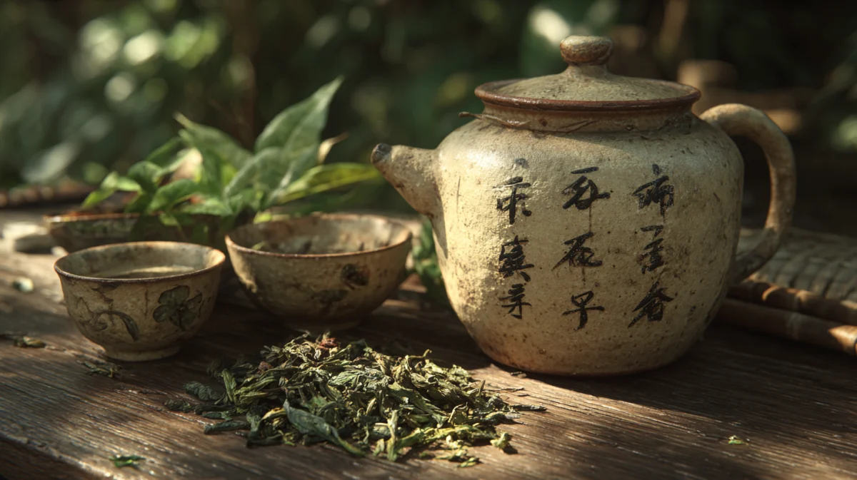 Traditional Teapot with Green Tea Leaves 1 traditional teapot with green tea leaves