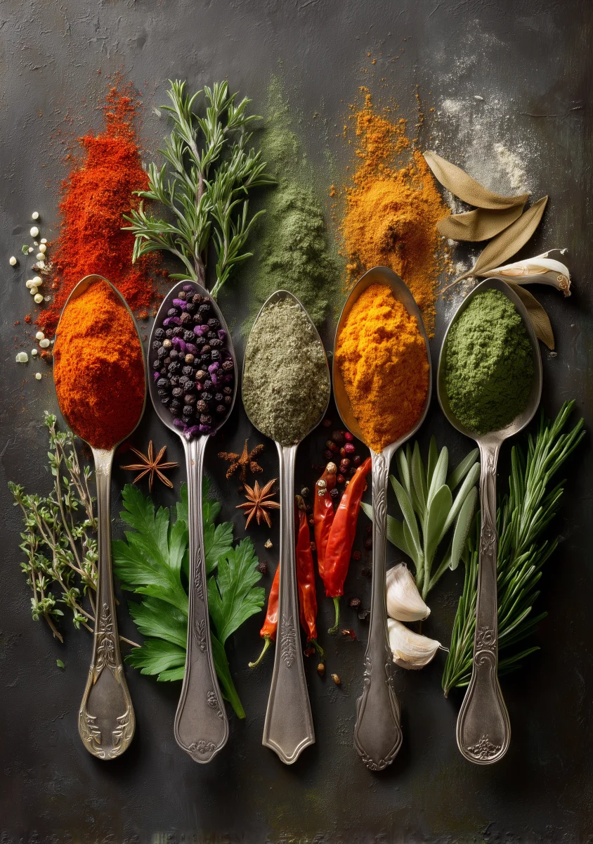 Vibrant Spices and Herbs in Antique Spoons 1 vibrant spices and herbs in antique spoons