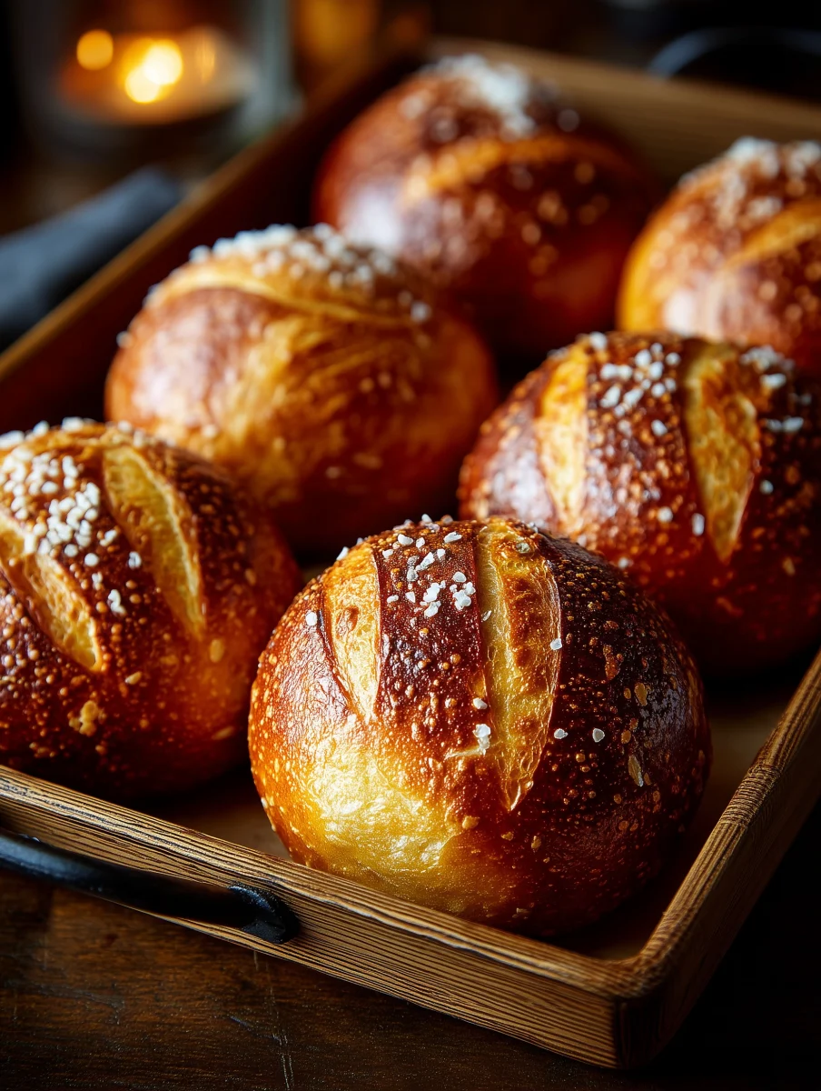 Warm Pretzel Rolls Topped with Sea Salt 1 warm pretzel rolls topped with sea salt