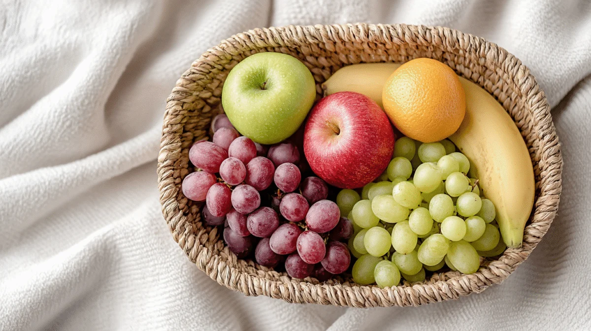 Colorful Fruit Basket on Soft Fabric 1 colorful fruit basket on soft fabric
