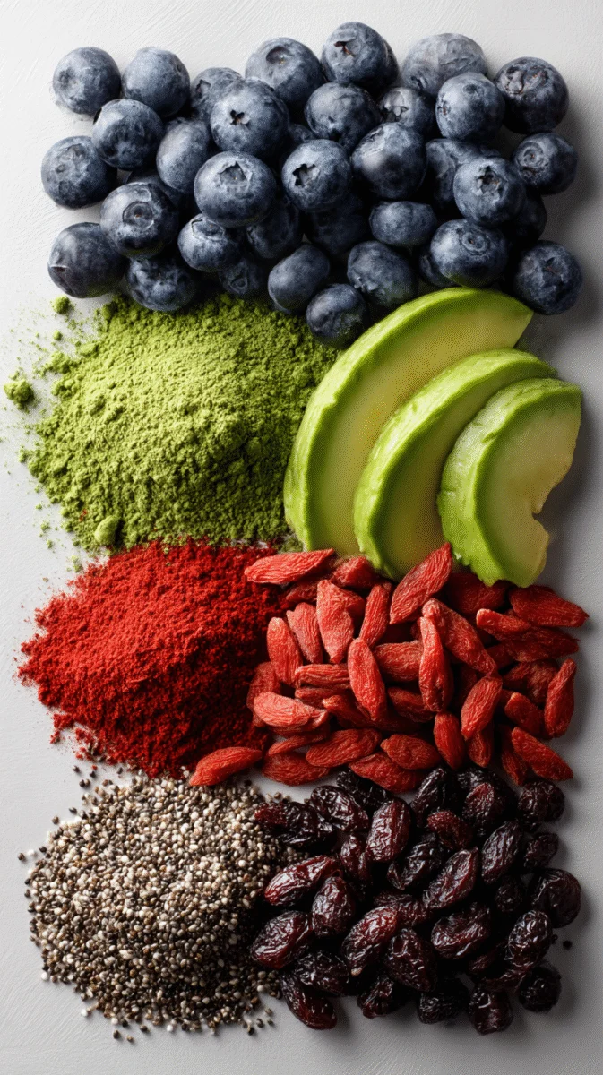 Colorful Superfood Arrangement with Berries and Powders 1 colorful superfood arrangement with berries and powders
