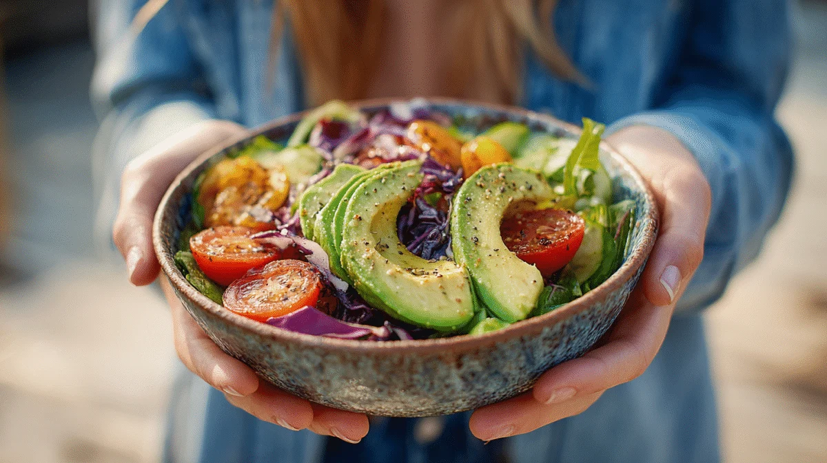 Fresh Avocado Salad Bowl with Colorful Vegetables 1 fresh avocado salad bowl with colorful vegetables