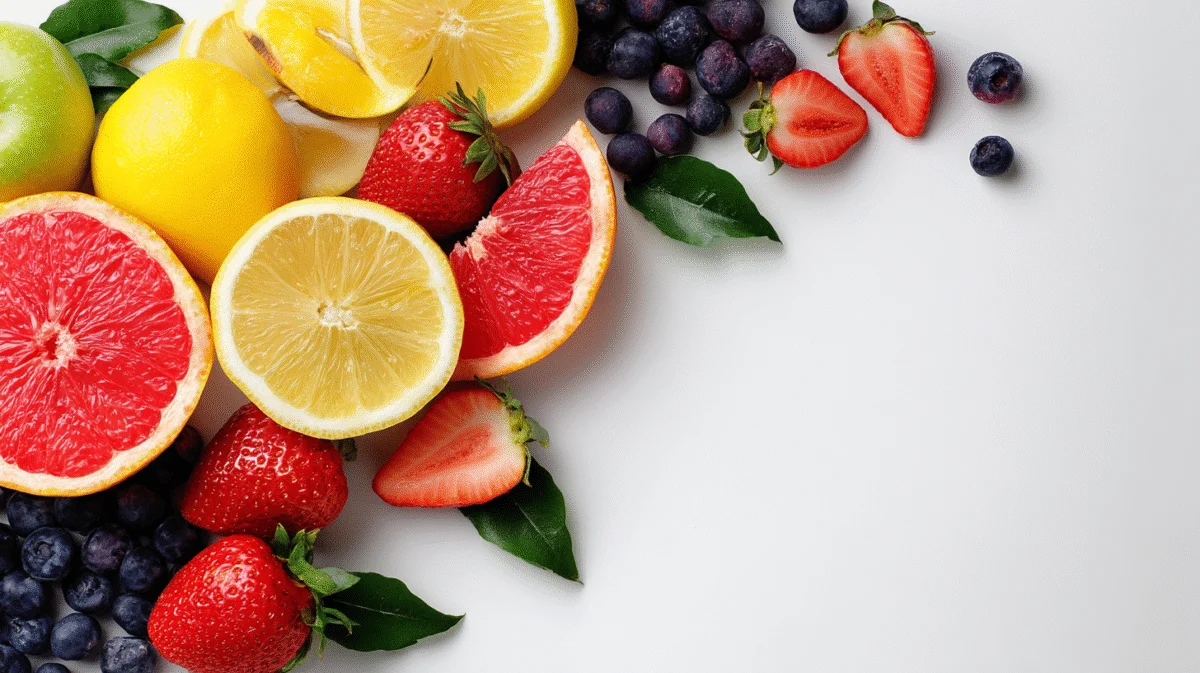Fresh Colorful Fruit Arrangement on White Background 1 fresh colorful fruit arrangement on white background