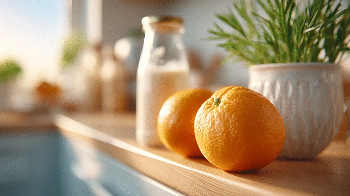 Fresh Oranges with Milk on Wooden Kitchen Counter 1 fresh oranges with milk on wooden kitchen counter