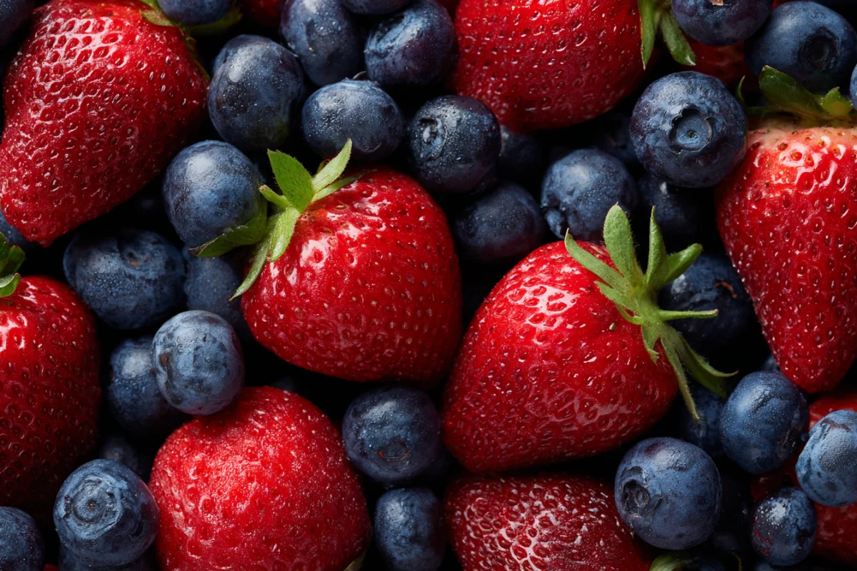 Fresh Strawberries and Blueberries on Dark Background 1 fresh strawberries and blueberries on dark background
