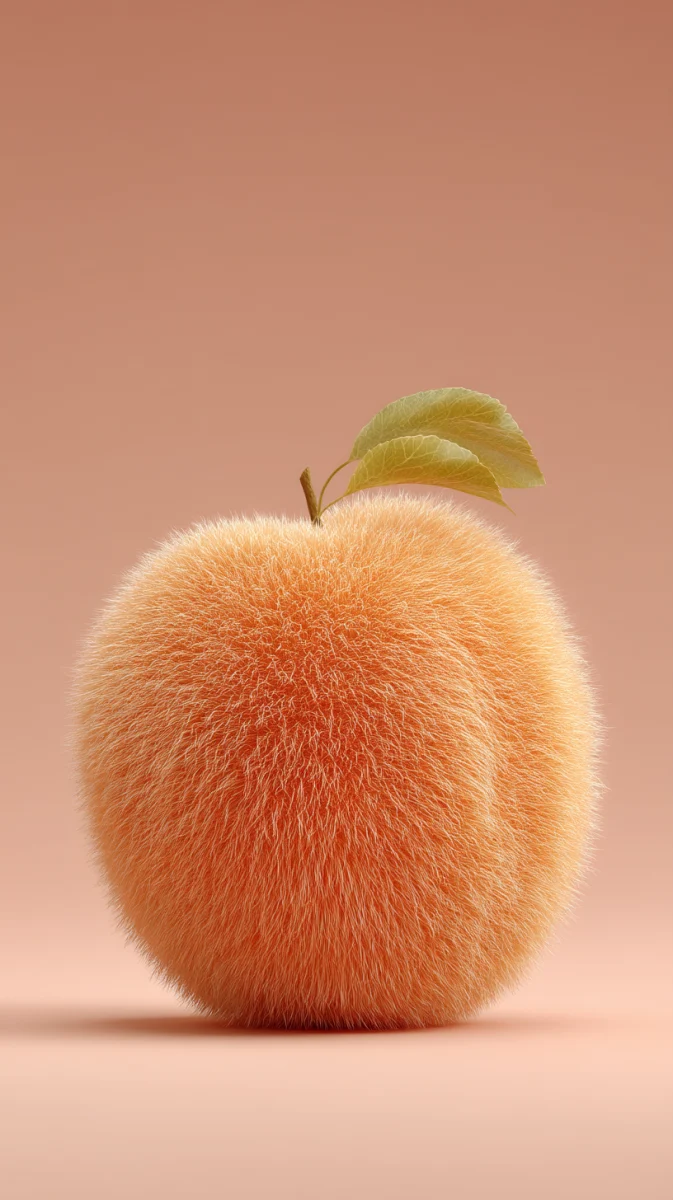 Fuzzy Orange Fruit with Leaf on Pastel Background 1 fuzzy orange fruit with leaf on pastel background