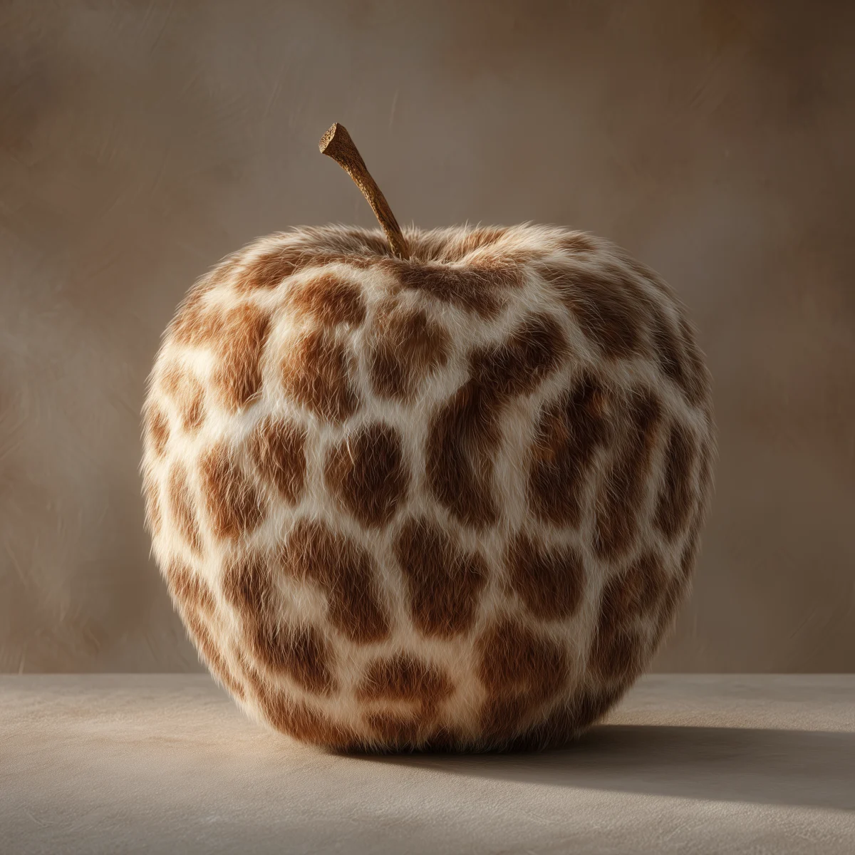 Giraffe-Patterned Apple on Neutral Background 1 giraffe patterned apple on neutral background