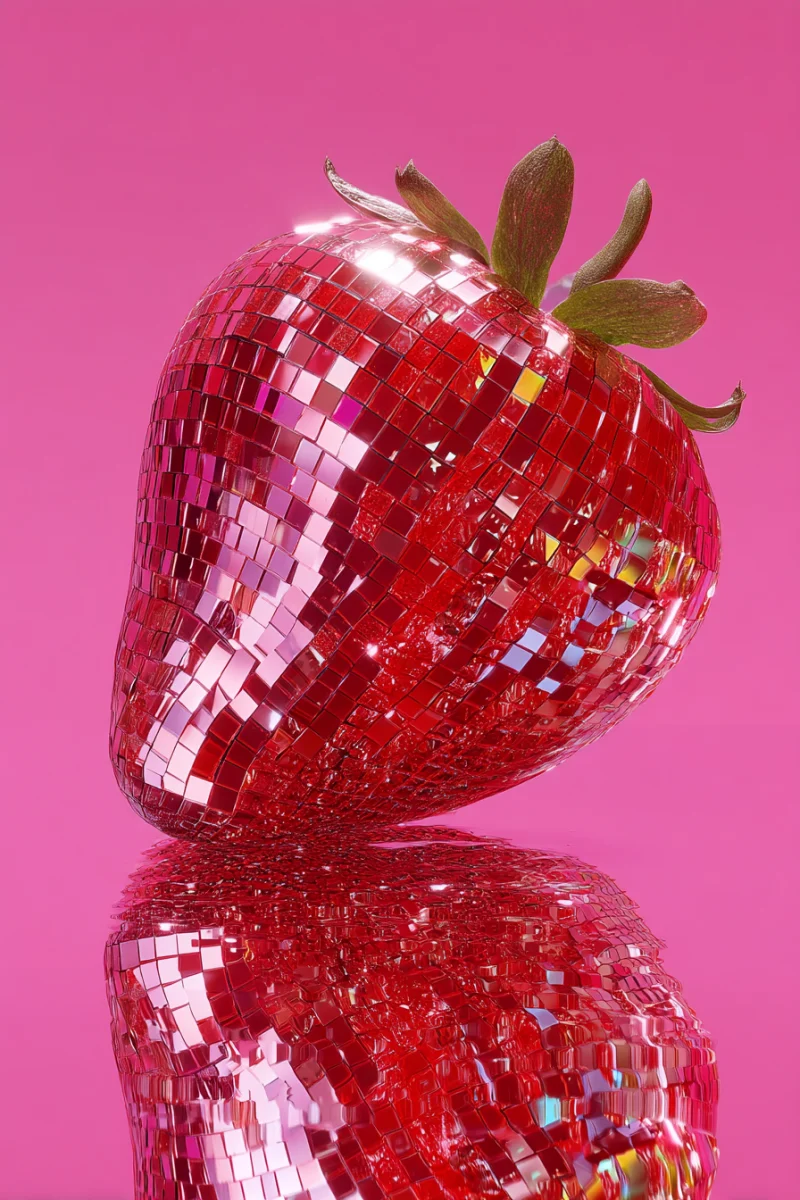 Reflective Disco Strawberry on Pink Surface 1 reflective disco strawberry on pink surface