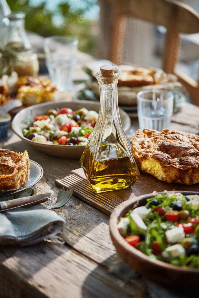 Rustic Table Setting with Fresh Salad and Olive Oil 1 rustic table setting with fresh salad and olive oil