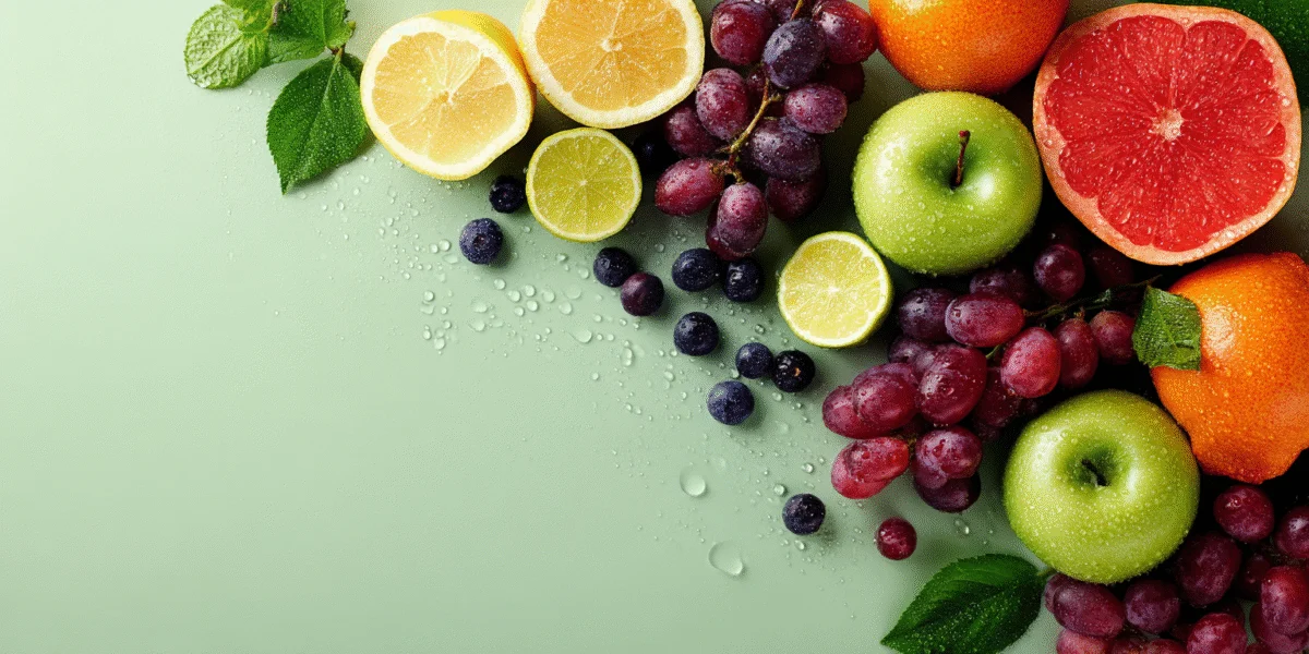 Vibrant Fresh Fruits on Green Background 1 vibrant fresh fruits on green background