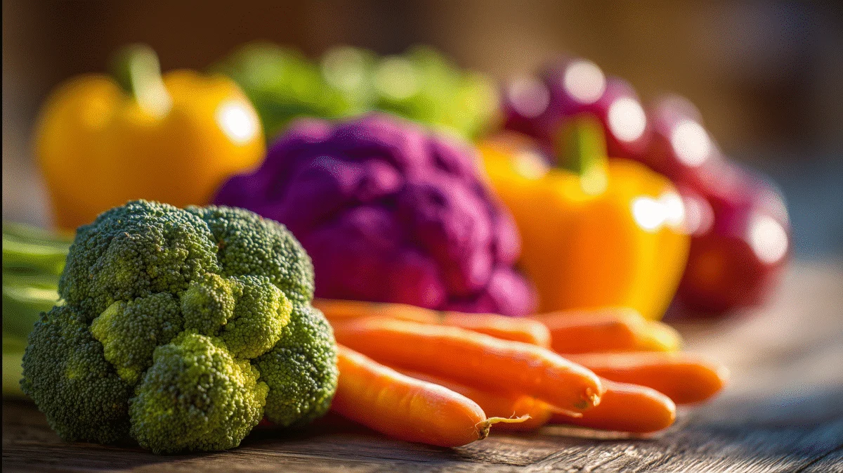Vibrant Fresh Vegetables on Rustic Table 1 vibrant fresh vegetables on rustic table