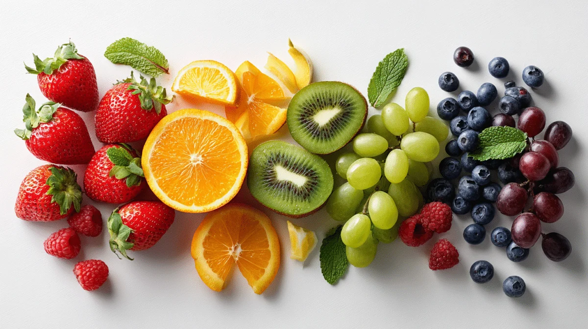 Vibrant Mixed Fruit Arrangement on White Background 1 vibrant mixed fruit arrangement on white background