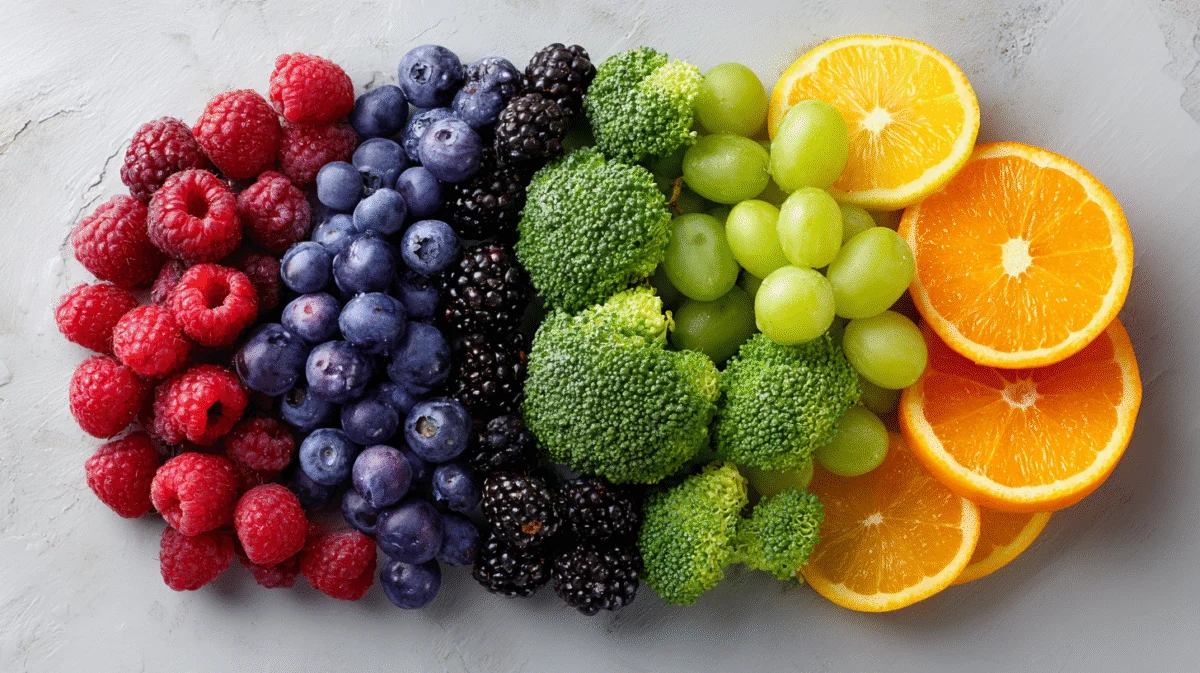Vibrant Rainbow of Fresh Fruits and Broccoli 1 vibrant rainbow of fresh fruits and broccoli