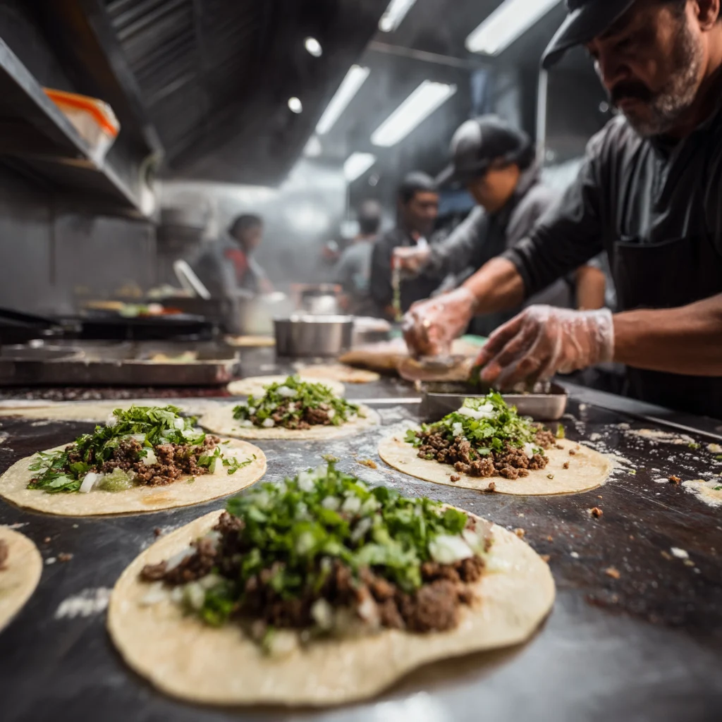 Fresh Tacos Being Assembled in Busy Kitchen 1 fresh tacos being assembled in busy kitchen