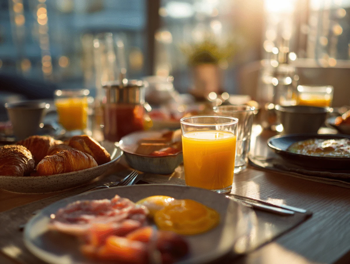 Bright Breakfast Table with Fresh Juice and Croissants 1 bright breakfast table with fresh juice and croissants