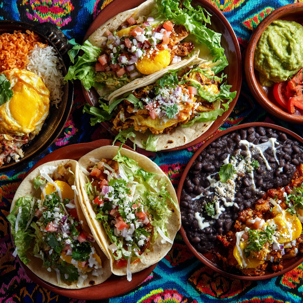 Colorful Taco Platter with Eggs and Sides 1 colorful taco platter with eggs and sides