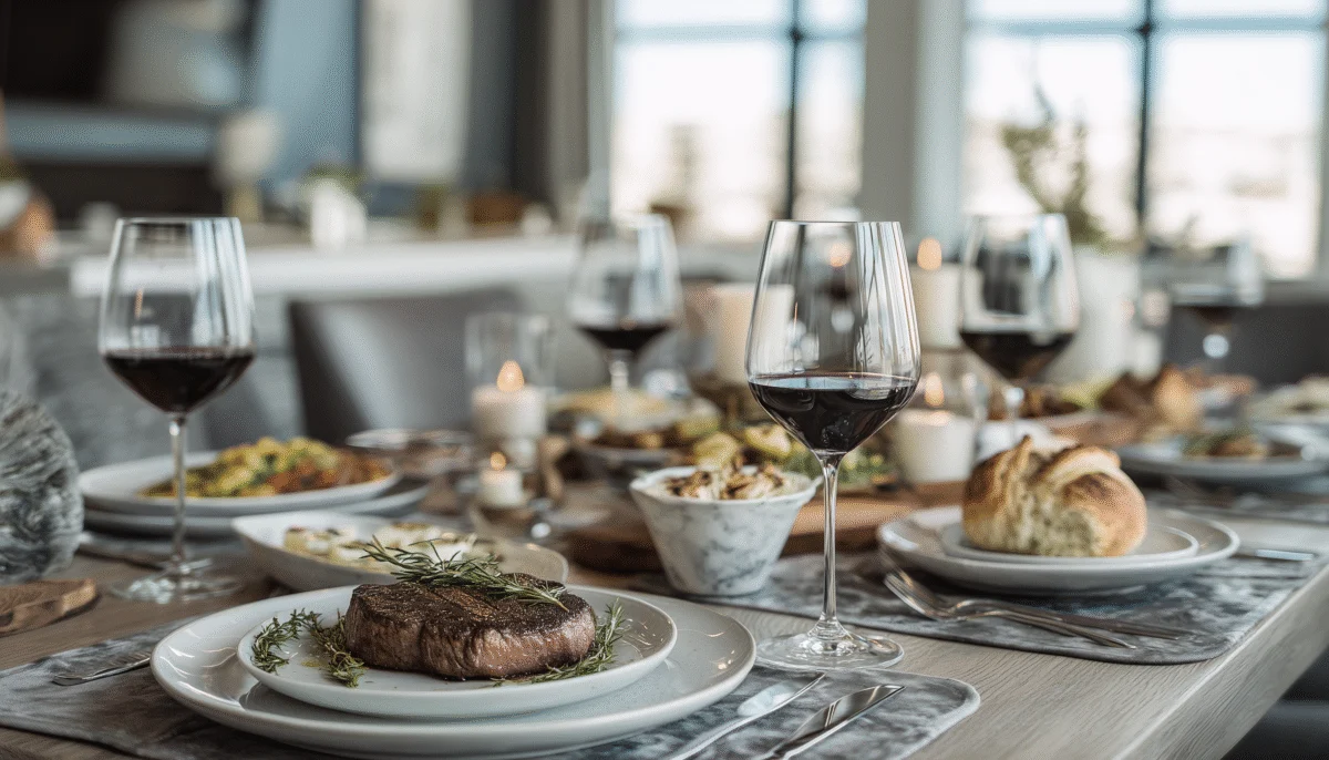 Elegant Steak Dinner with Red Wine and Sides 1 elegant steak dinner with red wine and sides