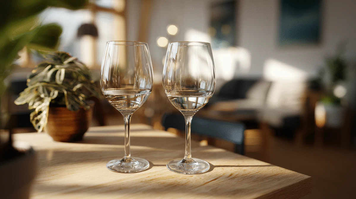 Elegant Wine Glasses on Wooden Table 1 elegant wine glasses on wooden table