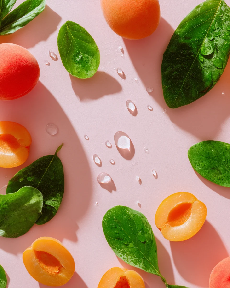 Fresh Apricots and Green Leaves on Pink Background 1 fresh apricots and green leaves on pink background