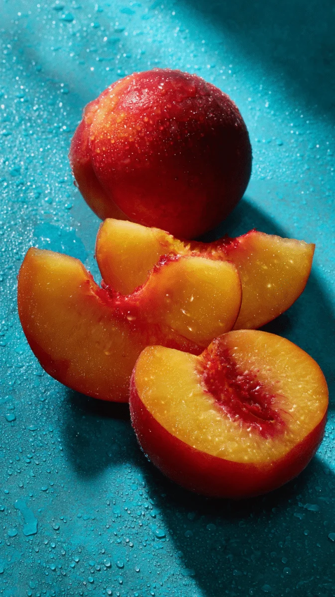 Juicy Peach Slices on Blue Background 1 juicy peach slices on blue background